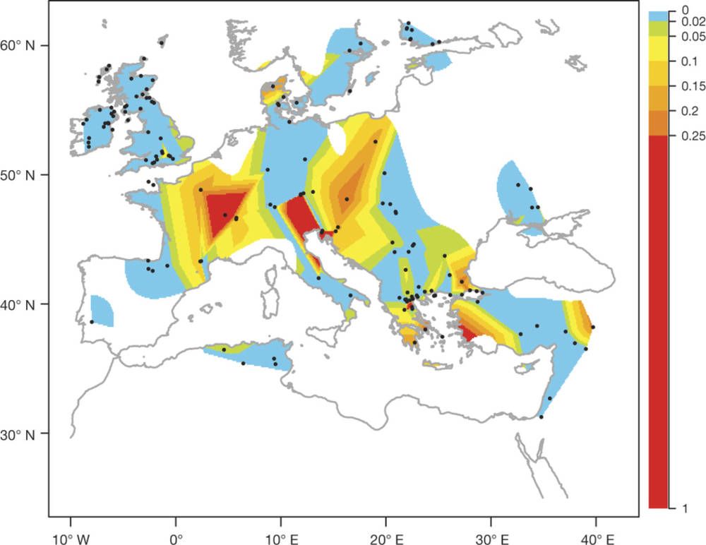 Carte de la distribution des abeilles de l'espèce Apis Mellifera qui ont fabriqué les traces de cire retrouvées sur les tessons de poteries.