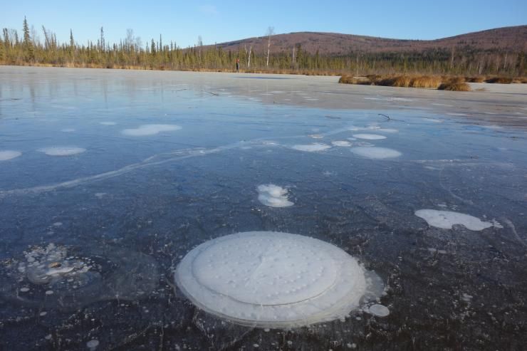 une mare gelée en Alaska où des bulles de méthane sont emprisonnées sous la glace.
