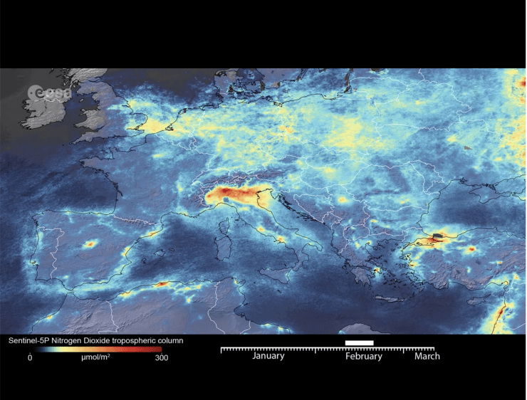 u cours des trois derniers mois, les données du satellite Copernicus Sentinel-5P révèlent le déclin de la pollution atmosphérique, en particulier des concentrations de dioxyde d'azote, en Italie.