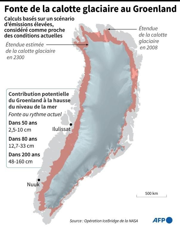 Carte de la calotte glaciaire du Groenland, étendue en 2008 et étendue estimée en 2300 © AFP Laurence CHU