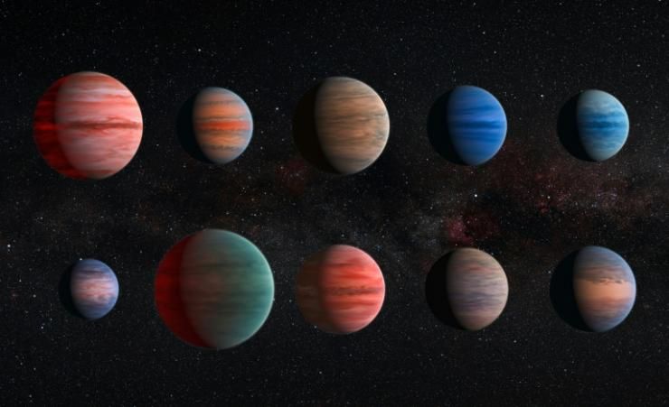 Illustration artistique fournie par l'Agence spatiale européenne et la Nasa, le 9 décembre 2015, de dix exoplanètes gazeuses