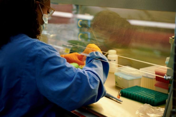 Une technicienne prépare le séquençage du génome du Sars-CoV-2 dans un laboratoire de l'Institut Wellcom Sanger, le 22 janvier 2021 à Hinxton, au Royaume-Uni © Wellcome Sanger Institute/AFP Dan Ross