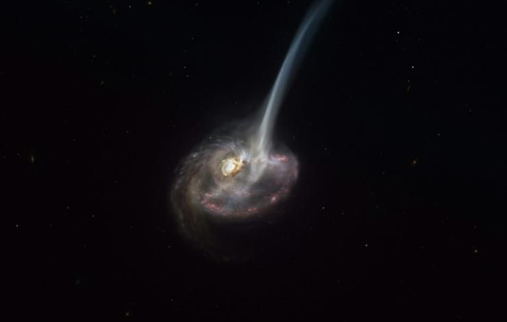 Photo fournie le 8 janvier 2021 par l'Observatoire européen austral, au Chili, montrant une représentation de la galaxie ID2299 et du gaz s'en échappant © European Southern Observatory/AFP M. KORNMESSER