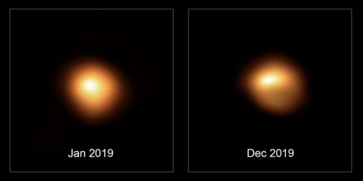 Photo d'archives de Bételgeuse fournie par l'Observatoire européen austral (ESO) montrant l'étoile avec sa luminosité normale en janvier 2019 à gauche, et obscurcie par un nuage de poussière en décembre 2019 à droite  © European Southern Observatory/AFP/Archives 
