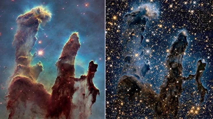 Les Piliers de la Création, dans la nébuleuse de l'Aigle. A gauche, une image réalisée dans le visible par Hubble. A droite, une image réalisée dans l'infrarouge, telle que pourra en produire le JWST. © NASA/Hubble/ESA
