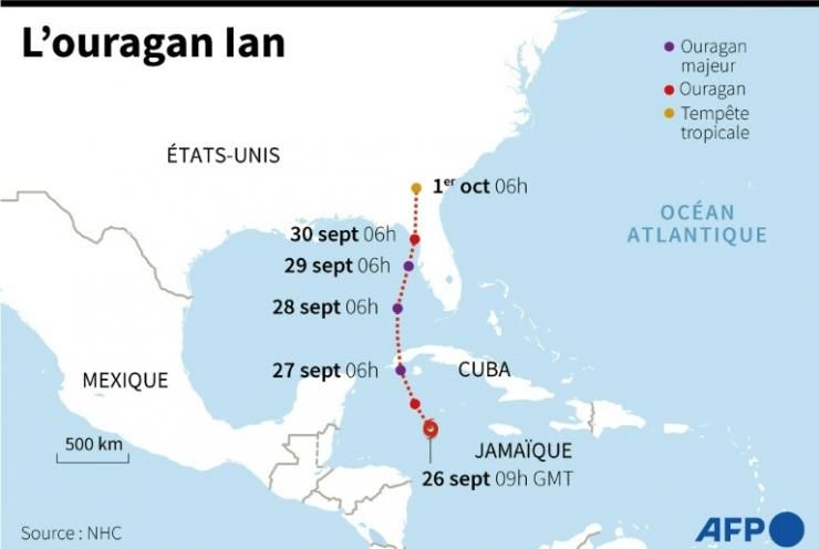 Carte de la trajectoire probable de l'ouragan Ian © AFP Sophie RAMIS