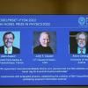 L'annonce des trois lauréats du prix Nobel de Physique, le 4 octobre 2022 à Stockholm © AFP Jonathan Nackstrand